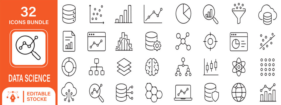 32 Data Science Vector Outline Icons Set &ndash; Analytics, Database, Machine Learning, Big Data, Statistics and Data Visualization Line Symbols Collection