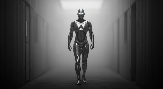 Humanoid robot walking forward in a futuristic metallic hallway with glowing eyes and advanced technology