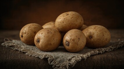 Fototapeta premium Group of potatoes on a rustic cloth with a blurred background.
