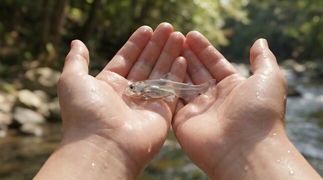 Small silver fish held in cupped hands, tiny minnow in human palms, aquatic life conservation and nature exploration concept