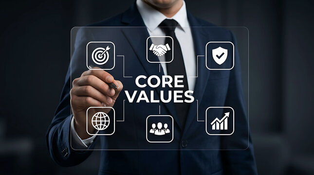 Businessman holding pen drawing corporate core values interface screen
