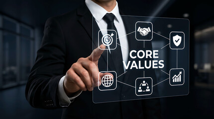 Obraz premium Businessman touching target icon on virtual core values display screen