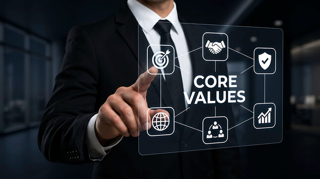 Businessman touching target icon on virtual core values display screen