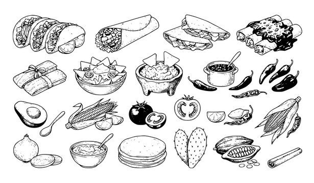 Hand Drawn Mexican Food Sketch Collection with Traditional Latin American Cuisine Vector Illustration