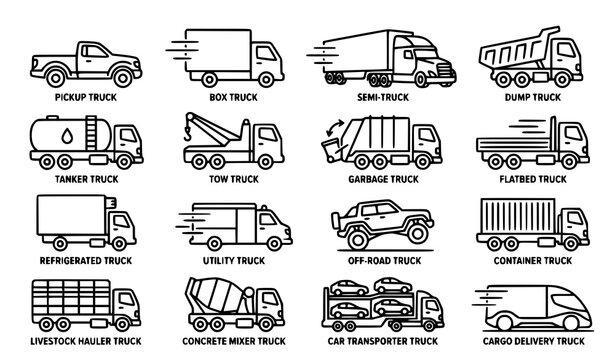 Truck transportation freight delivery logistics and motion editable vector icon collection