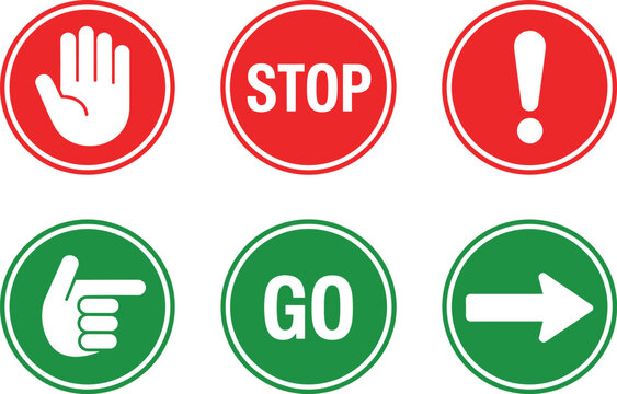Circular traffic and directional signs: red stop and go symbols with green directional hand and arrow