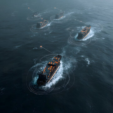 Technological cargo ships are sailing at sea