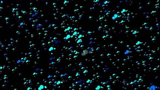 abstract background featuring scattered, glowing cyan and blue light particles or dots against a solid black field.