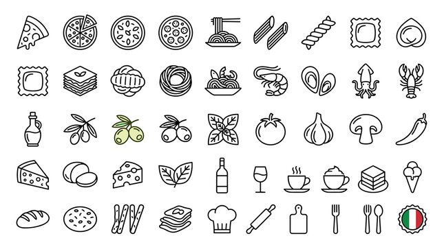 Set of 45 Italian Food Outline Icons with Editable Stroke Featuring Pizza, Pasta, Lasagna, Seafood, Olive Oil, Cheese, and Mediterranean Cuisine