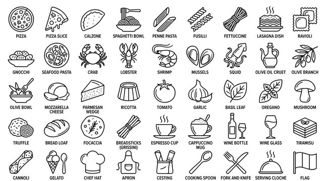 Editable Stroke Italian Food Outline Icon Collection Featuring Pizza, Pasta, Seafood, Cheese, Olive Oil, Desserts, and Culinary Symbols