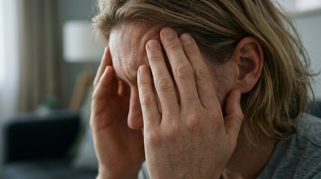 Man holding head in pain. Stressed person suffering from migraine or mental health crisis.