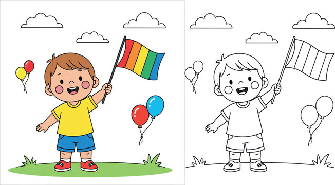 Cute Hand-Drawn Style Vector Illustration of a Smiling Little Boy in a Yellow Shirt Holding a Waving Rainbow