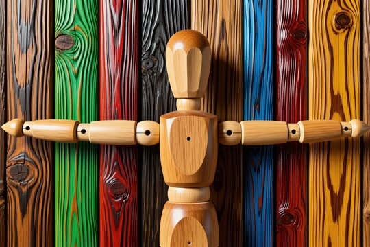 Wooden mannequin figurine stands against colorful timber plank background. Articulated doll model displays T pose with arms extended sideways. Natural material craft supply tool helps sketch human