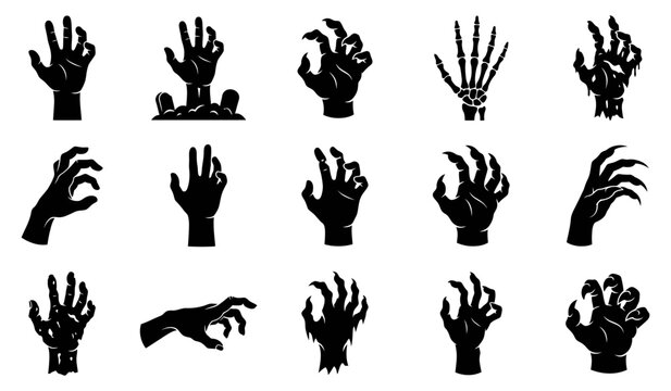 A collection of black silhouettes featuring various zombie hands and monster claws isolated on a white background for halloween graphic design projects