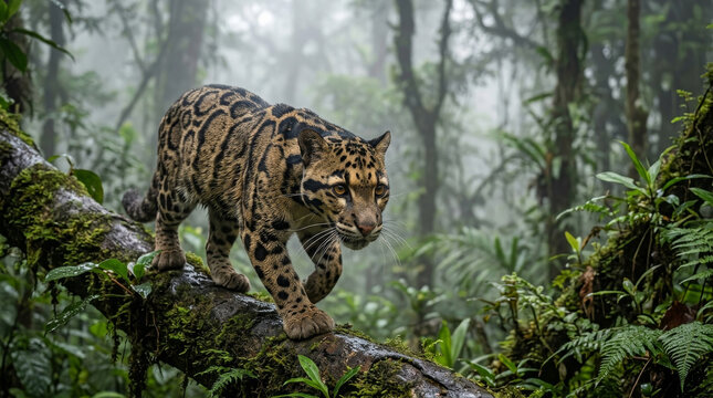 Clouded leopard walking on a mossy tree branch in a misty tropical forest