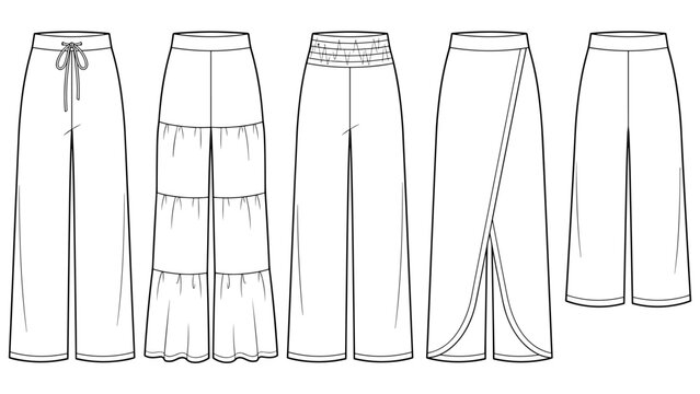 womens tiered ruffle and wrap leg pants fashion flat sketch vector illustration