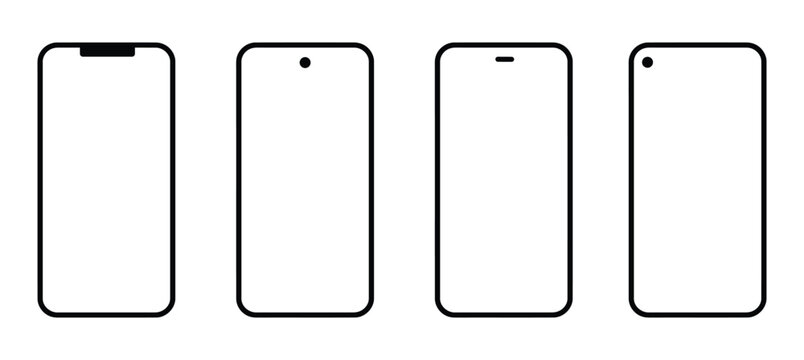 Smartphone Mockup Frame Icon Set Featuring Modern Mobile Phone Front View with Different Camera and Notch Styles for UI, App and Responsive Design