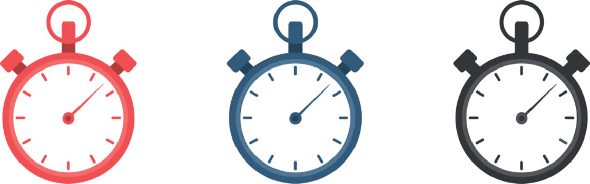 Three stopwatch in red, blue, and black, featuring analog dials and push buttons, isolated on a white background keywords