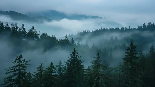 Moody mountain landscape with pine tree forest silhouetted against a foggy valley, creating a mysterious and atmospheric early morning or late evening scene