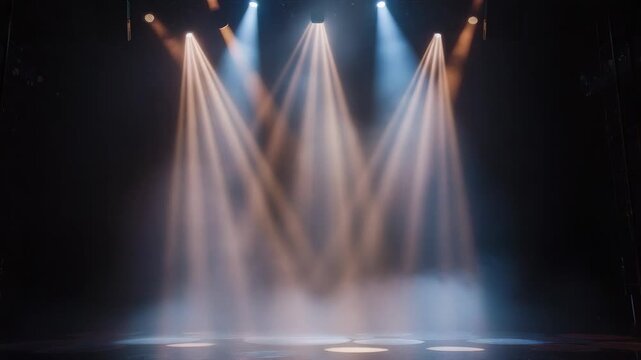 Luminous stage lighting with smoke effect illuminating an empty concert venue. Orange and blue spotlights creating a dramatic and atmospheric theatrical background