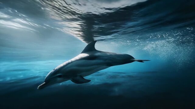 Graceful dolphin swimming underwater just below the ocean waves with sun rays filtering through the surface and illuminating the marine mammal in the deep blue sea