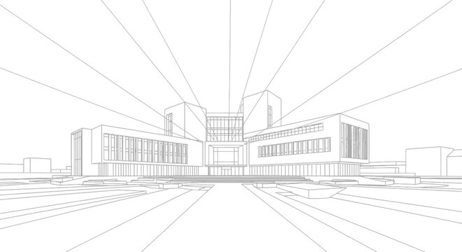 Office building perspective showcases a symmetrical design with vanishing point lines that emphasize the scale and depth of the modern architectural structure.