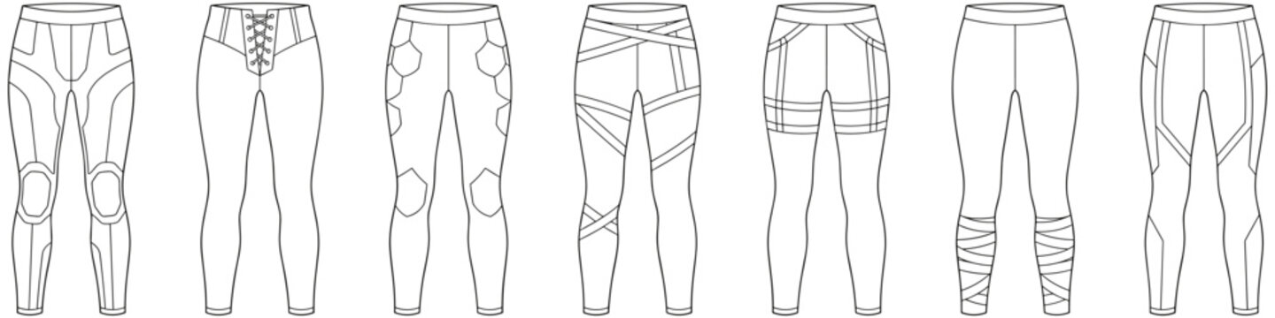 flat sketch set of cyberpunk and techwear futuristic leggings vector illustration