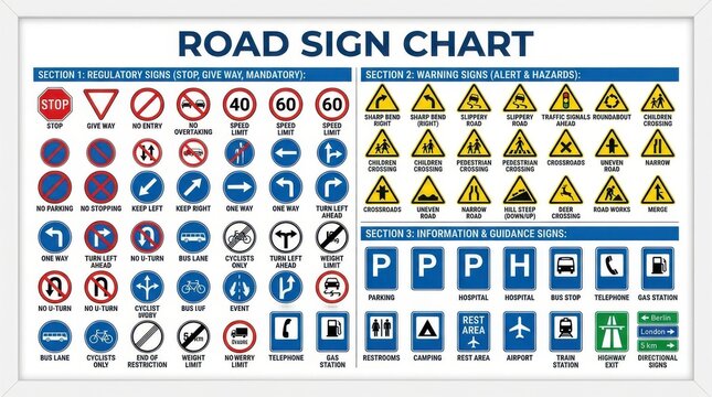 Road sign chart with traffic symbols. Educational poster showing highway regulatory icons.