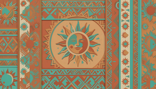 Colorful Moroccan-style wall hanging with sun and moon motifs. Artistic textile decor for bohemian interiors.
