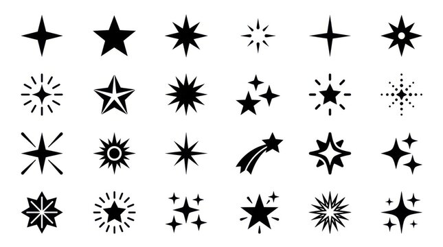Set of hand drawn star icons. Black sparkle shapes for design elements and decoration.