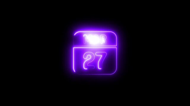 a glowing Neon march 27 calendar date glowing purple 4k animation video on black background 