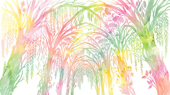 Magical Watercolor Forest Archway with Graceful Weeping Willow Trees PNG Isolated on Transparent Background