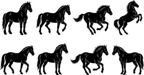 Collection of black horse silhouette vector illustrations featuring standing, walking, trotting, galloping, and rearing poses with detailed mane and tail designs © AUSTOMI
