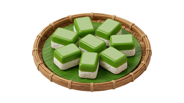 Vector illustration of traditional indonesian kue talam or seri muka dessert on a woven bamboo tray on a transparent background