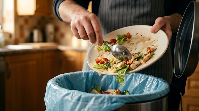 Person scraping food waste into trash bin. Discarding leftovers in kitchen garbage can.