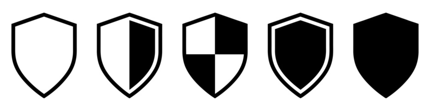 A set of five shield icons showing different levels of security status ranging from empty outline to a solid black filled shape