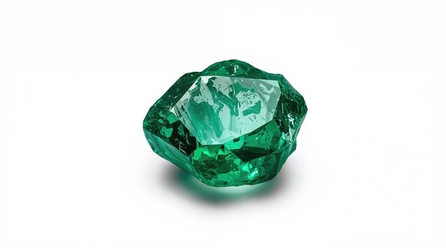 Emerald gemstone on white background, close-up. Jewelry and gem cut, luxury and wealth, mineral and origin concept.