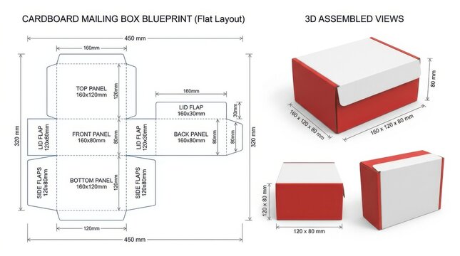 Cardboard box packaging template. Die cut layout for custom product box design.