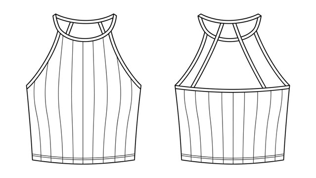 Halter neck ribbed crop top template vector illustration flat sketch design outline