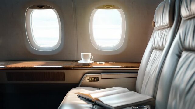 Luxurious first class airplane cabin providing a comfortable travel experience with an open book and a coffee cup, showcasing the seat, table, and windows
