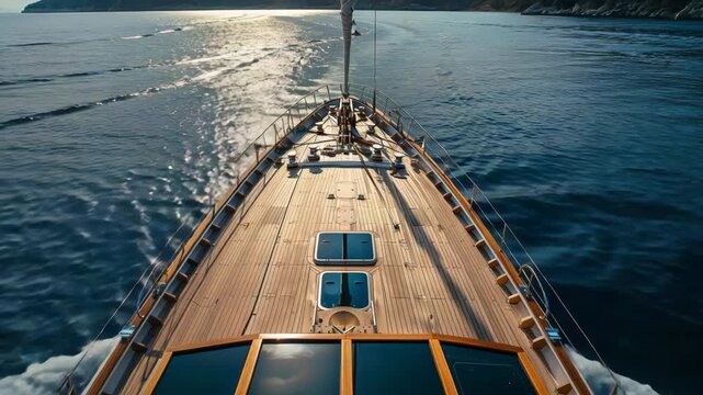 Wooden deck of a luxury sailing yacht moving fast across the open sea, creating a beautiful wake as the bow cuts through the deep blue water at sunset, reflecting the sun