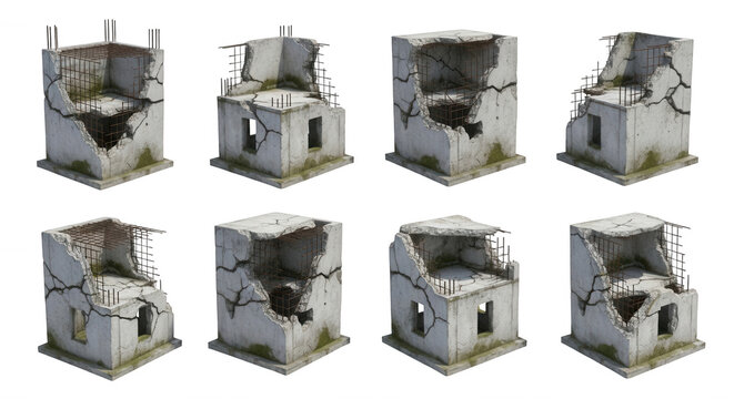 destroyed concrete structures in white backdrop 3d rendered architectural visualizations war or disaster impact possible use design games