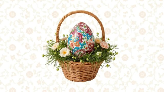 A decorated Easter egg in a basket with flowers and greenery.