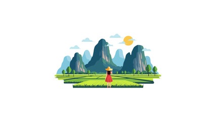 Obraz premium Woman in Red Dress Overlooking Mountain Landscape