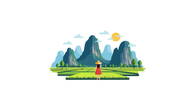 Woman in Red Dress Overlooking Mountain Landscape