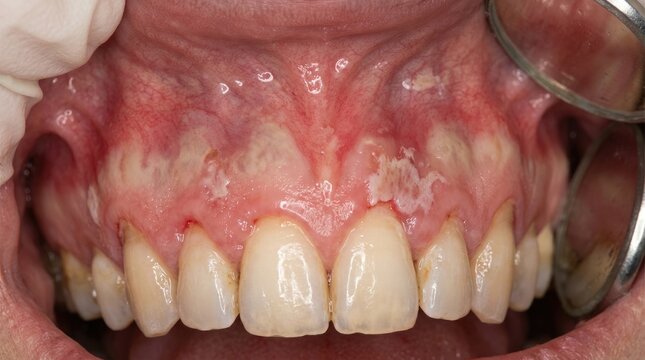 Gum tissue showing methamphetamine chemical oral burn, blanched areas of severe vasoconstriction on inflamed gingiva, receding red line with white necrotic patches, clinical dental damage.