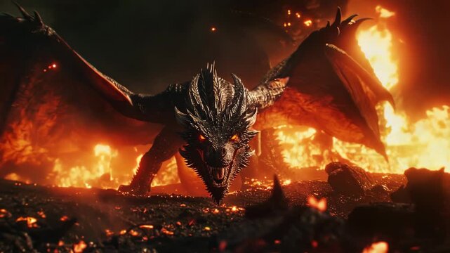 Fearsome dragon with glowing red eyes spreading its wings and roaring in a fiery inferno of flames and burning embers, creating an epic and mythical fantasy scene