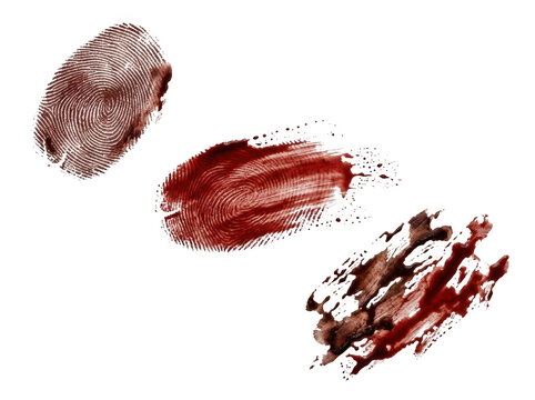 Red bloody fingerprints and smudges isolated on transparent background. Halloween horror graphic resource.