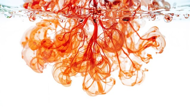 Red ink dispersing in water with swirling patterns and bubbles. abstract art, fluid dynamics, color mixing, liquid flow. The concept of ink diffusion and liquid art.