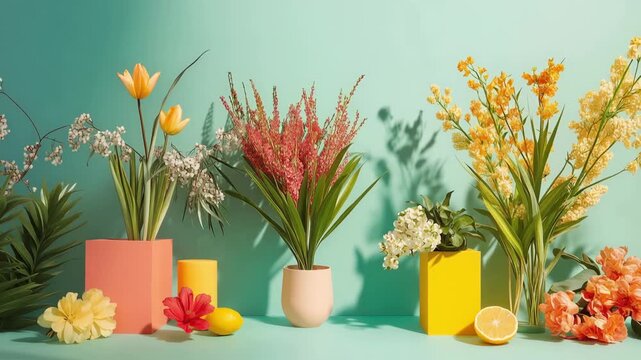 Vibrant flower bouquets in colorful vases casting moving shadows on a turquoise background, representing the beauty of spring, nature, and floral decoration